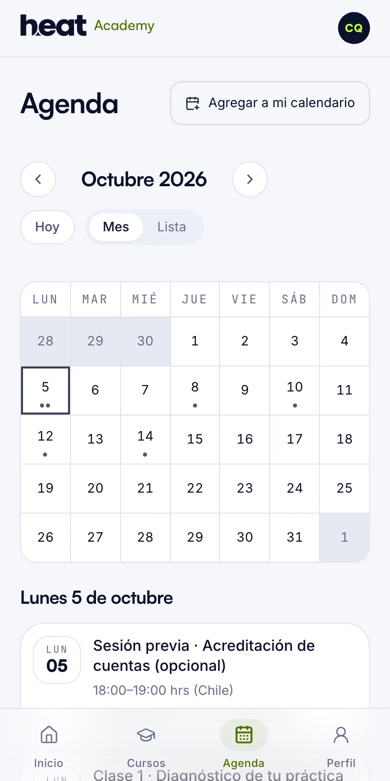 Agenda del portal con las clases de octubre marcadas en el calendario