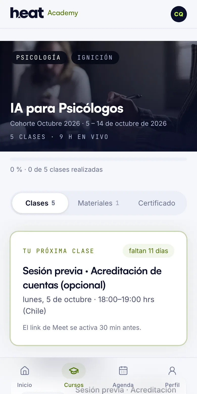 Página del curso IA para Psicólogos con clases, materiales y certificado