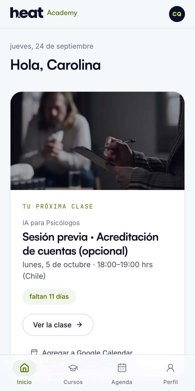 Inicio del portal de alumno con la próxima clase del curso
